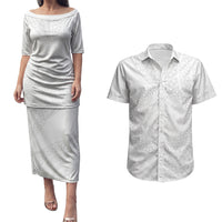 Tonga White Sunday Couples Matching Puletasi and Hawaiian Shirt Fakame Tongan Ngatu Turtle LT14 White - Polynesian Pride