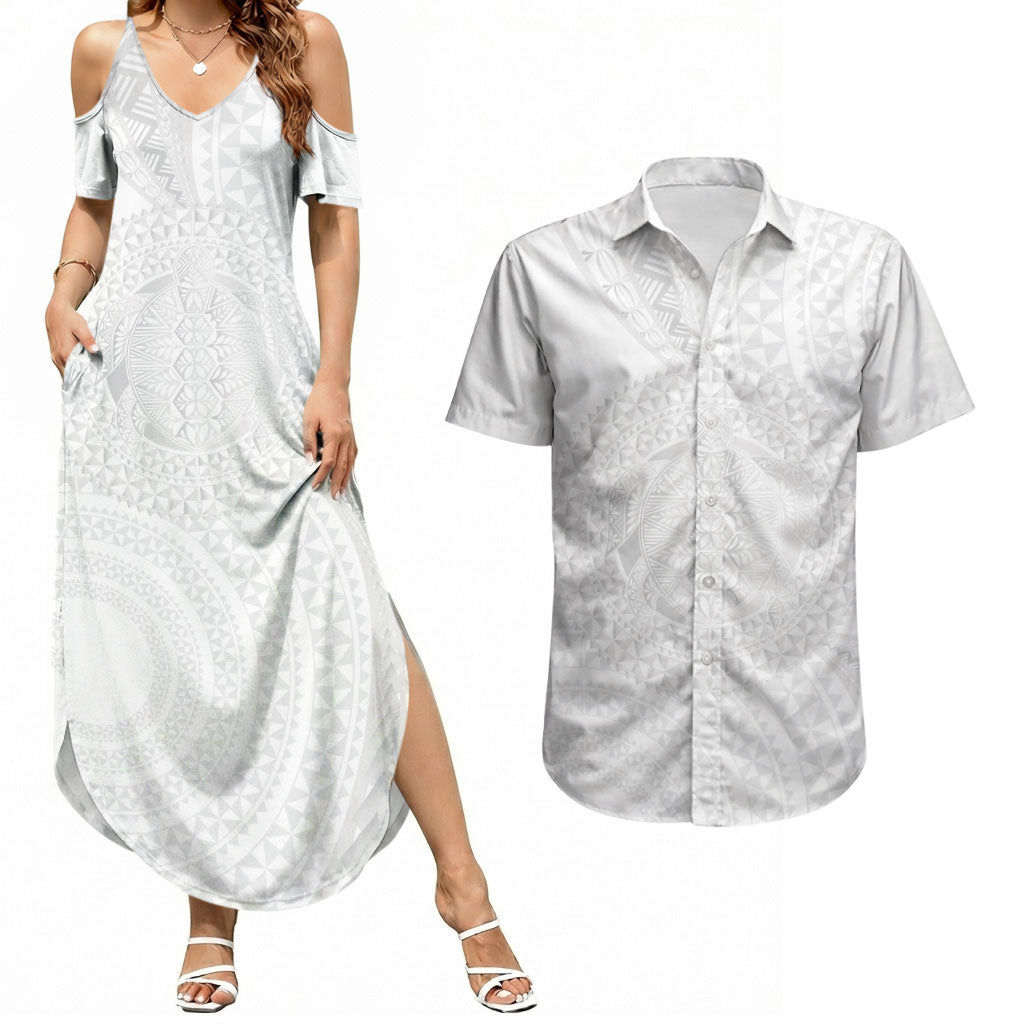 Tonga White Sunday Couples Matching Summer Maxi Dress and Hawaiian Shirt Fakame Tongan Ngatu Turtle LT14 White - Polynesian Pride