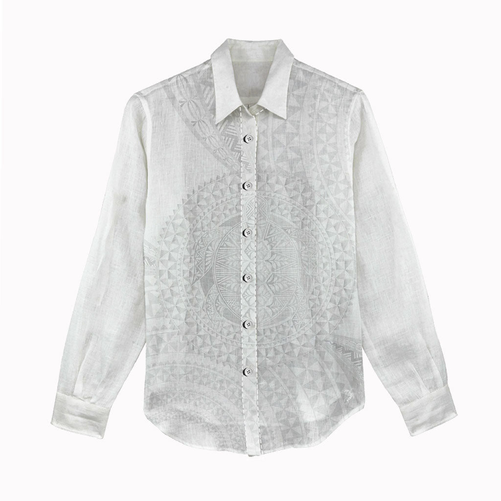 Tonga White Sunday Women Casual Shirt Fakame Tongan Ngatu Turtle LT14 - Polynesian Pride