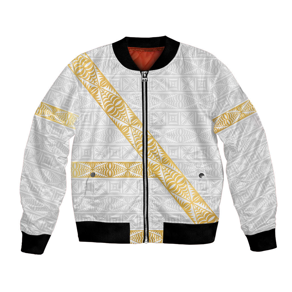 Tonga White Sunday Bomber Jacket Fakame Tongan Ngatu Pattern Gold Strips LT14 Unisex White - Polynesian Pride