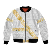 Tonga White Sunday Bomber Jacket Fakame Tongan Ngatu Pattern Gold Strips LT14 Unisex White - Polynesian Pride