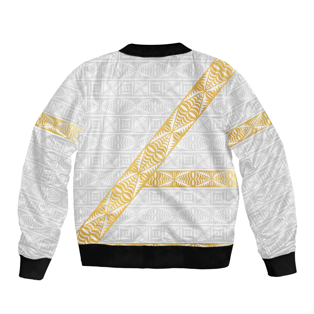 Tonga White Sunday Bomber Jacket Fakame Tongan Ngatu Pattern Gold Strips LT14 - Polynesian Pride