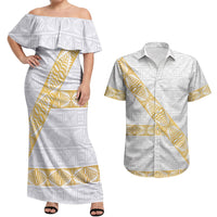 Tonga White Sunday Couples Matching Off Shoulder Maxi Dress and Hawaiian Shirt Fakame Tongan Ngatu Pattern Gold Strips LT14 White - Polynesian Pride