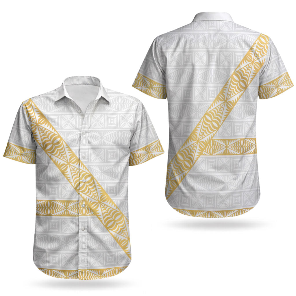 Tonga White Sunday Couples Matching Off Shoulder Maxi Dress and Hawaiian Shirt Fakame Tongan Ngatu Pattern Gold Strips LT14 - Polynesian Pride