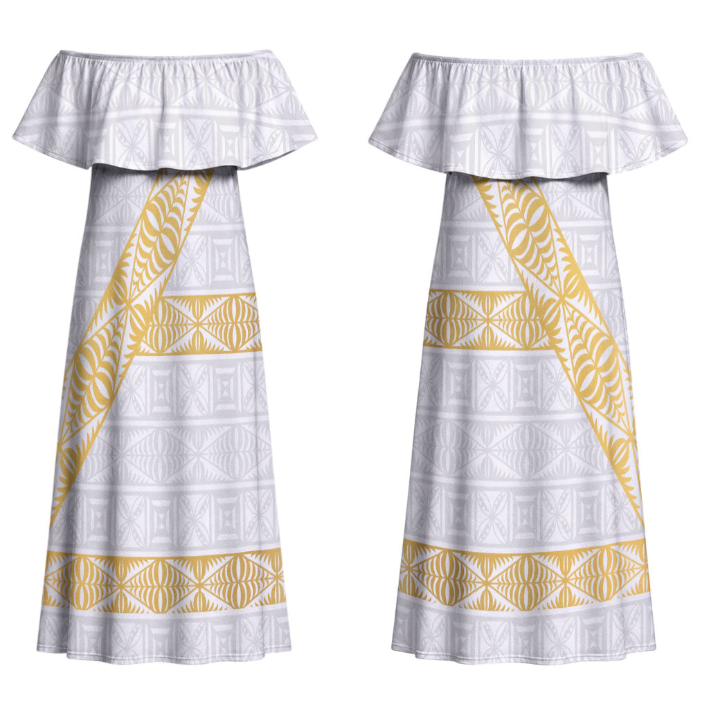 Tonga White Sunday Couples Matching Off Shoulder Maxi Dress and Hawaiian Shirt Fakame Tongan Ngatu Pattern Gold Strips LT14 - Polynesian Pride