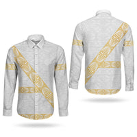 Tonga White Sunday Couples Matching Off Shoulder Short Dress and Long Sleeve Button Shirt Fakame Tongan Ngatu Pattern Gold Strips LT14 - Polynesian Pride