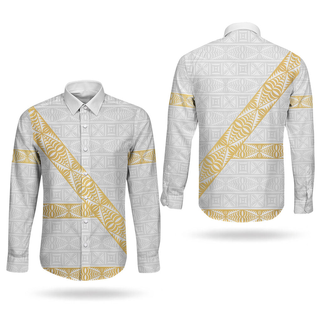 Tonga White Sunday Couples Matching Puletasi and Long Sleeve Button Shirt Fakame Tongan Ngatu Pattern Gold Strips LT14 - Polynesian Pride