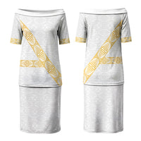 Tonga White Sunday Couples Matching Puletasi and Long Sleeve Button Shirt Fakame Tongan Ngatu Pattern Gold Strips LT14 - Polynesian Pride