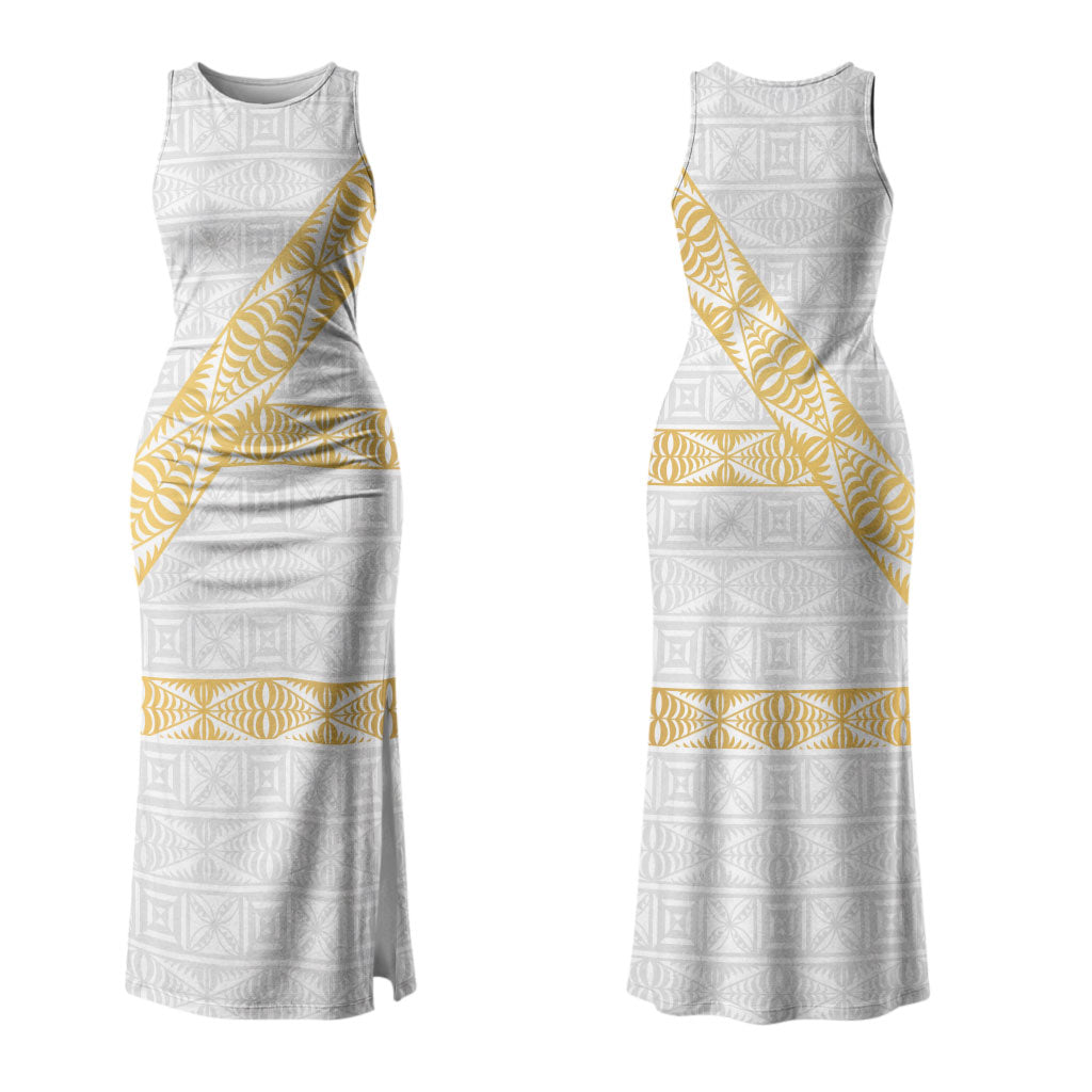Tonga White Sunday Couples Matching Tank Maxi Dress and Long Sleeve Button Shirt Fakame Tongan Ngatu Pattern Gold Strips LT14 - Polynesian Pride