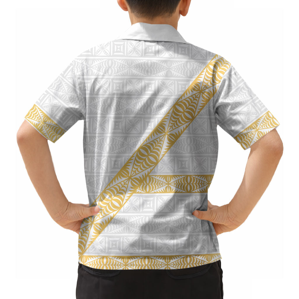 Tonga White Sunday Hawaiian Shirt Fakame Tongan Ngatu Pattern Gold Strips LT14 - Polynesian Pride
