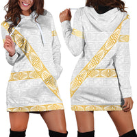 Tonga White Sunday Hoodie Dress Fakame Tongan Ngatu Pattern Gold Strips LT14 - Polynesian Pride