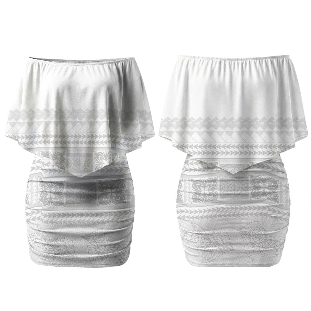 Samoa White Sunday Couples Matching Off Shoulder Short Dress and Long Sleeve Button Shirt Lotu Tamaiti Samoan Siapo Teuila Flowers LT14 - Polynesian Pride