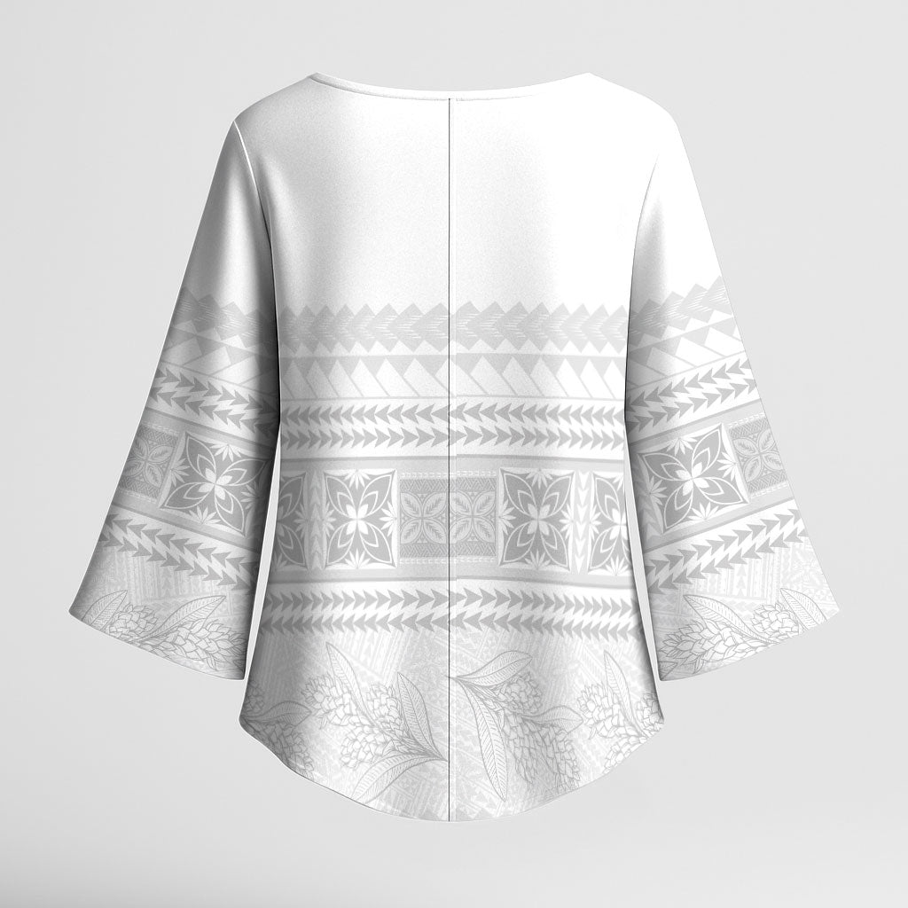 Samoa White Sunday Kimono Sleeve Blouse Lotu Tamaiti Samoan Siapo Teuila Flowers LT14 - Polynesian Pride