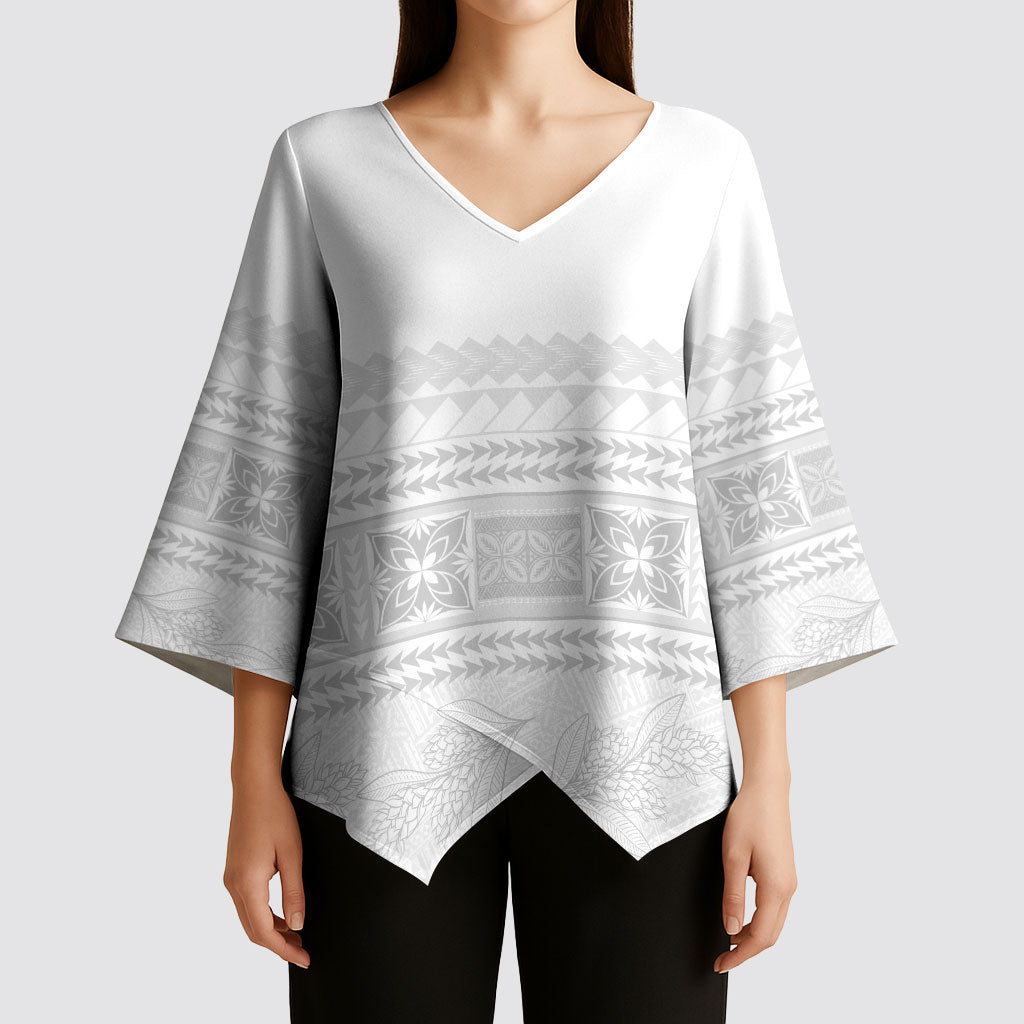Samoa White Sunday Kimono Sleeve Blouse Lotu Tamaiti Samoan Siapo Teuila Flowers LT14 - Polynesian Pride