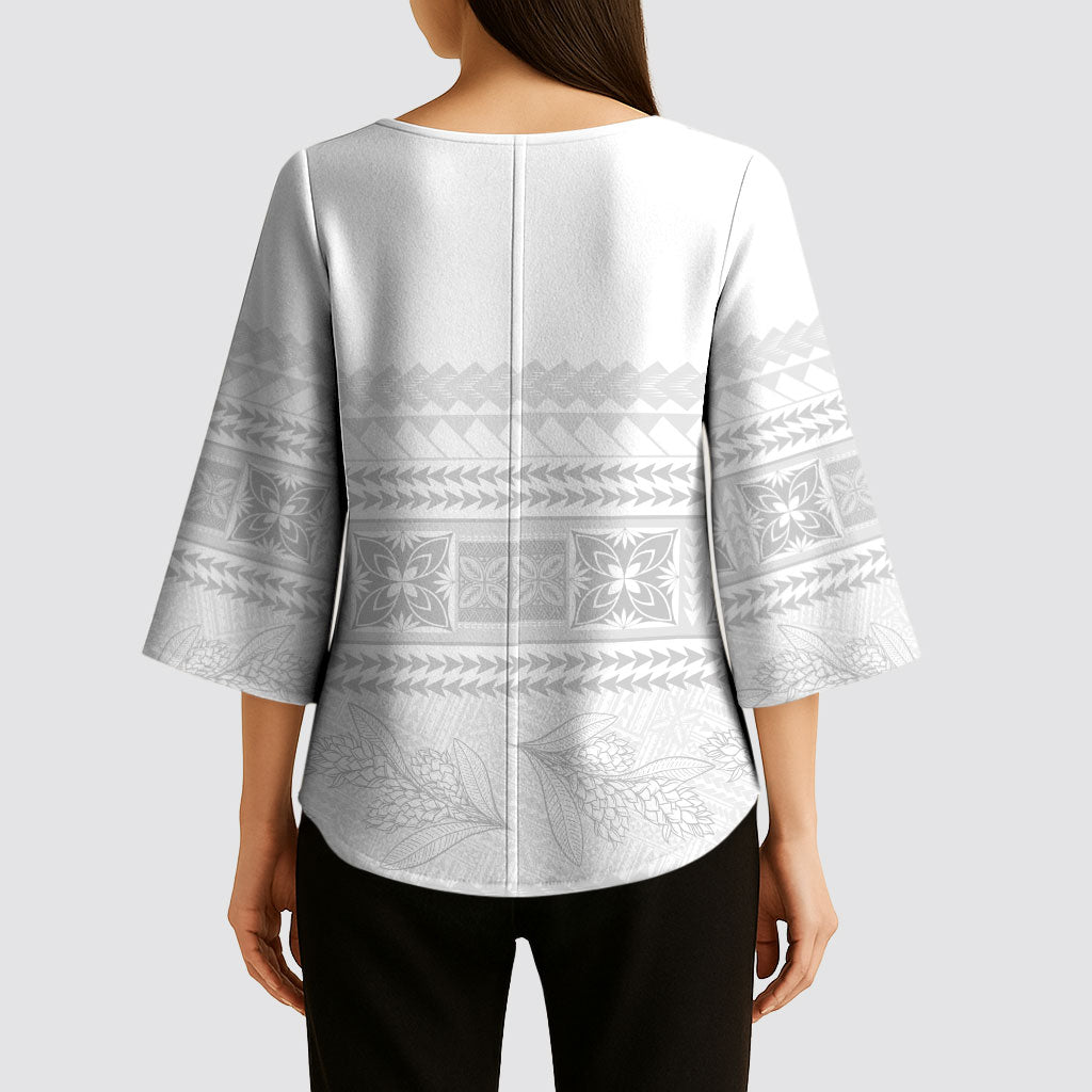 Samoa White Sunday Kimono Sleeve Blouse Lotu Tamaiti Samoan Siapo Teuila Flowers LT14 - Polynesian Pride