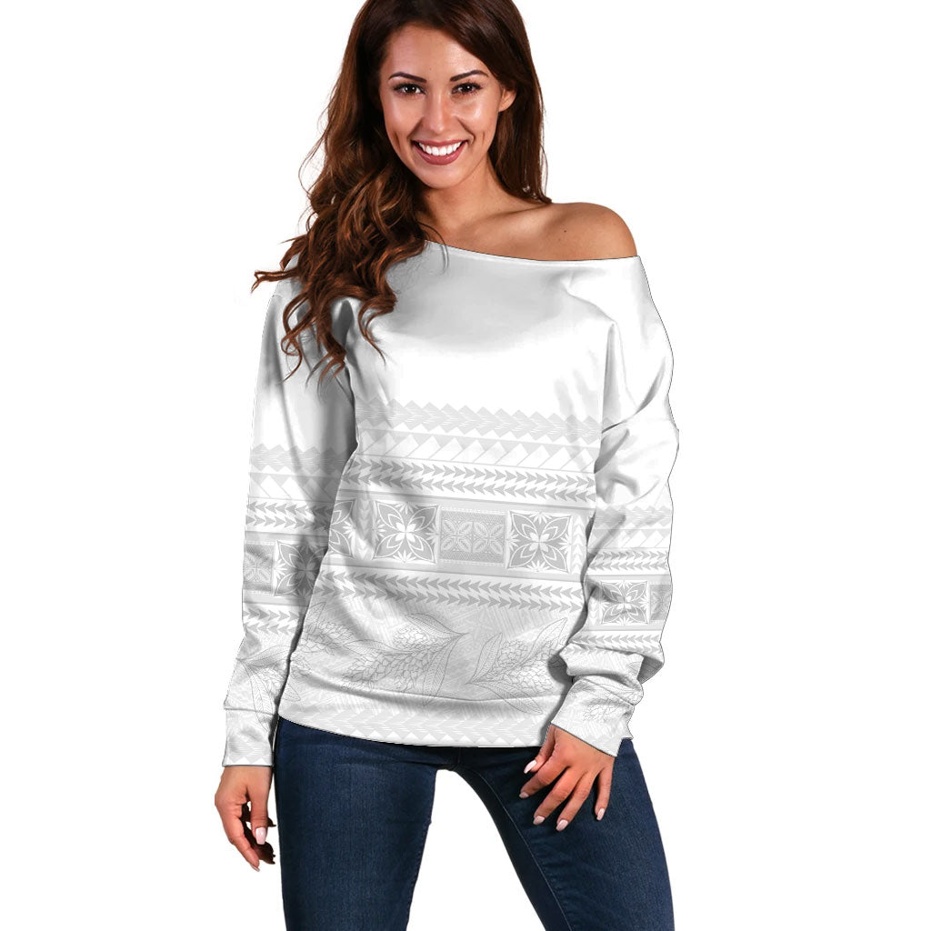 Samoa White Sunday Off Shoulder Sweater Lotu Tamaiti Samoan Siapo Teuila Flowers LT14 Women White - Polynesian Pride