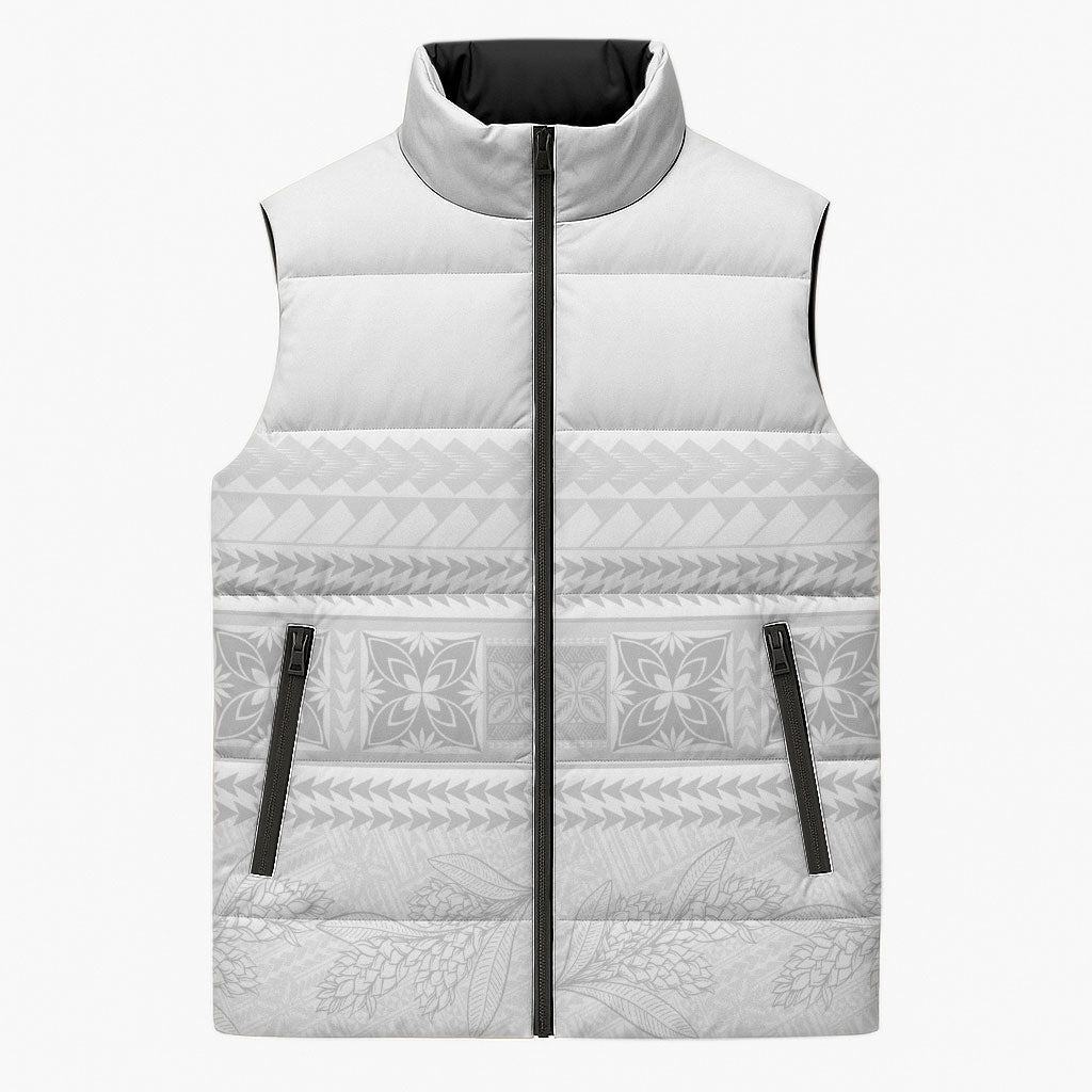 Samoa White Sunday Sleeveless Puffer Jacket Lotu Tamaiti Samoan Siapo Teuila Flowers LT14 Unisex White - Polynesian Pride