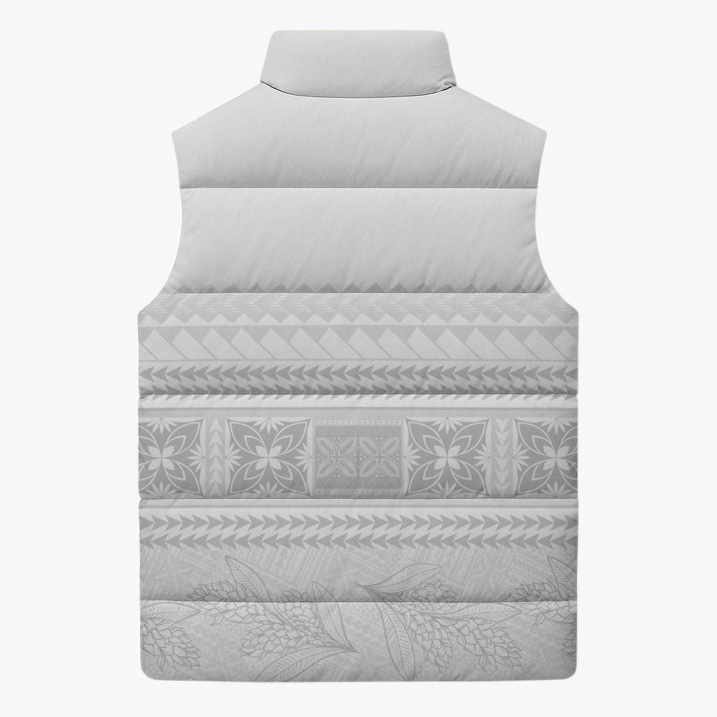 Samoa White Sunday Sleeveless Puffer Jacket Lotu Tamaiti Samoan Siapo Teuila Flowers LT14 - Polynesian Pride