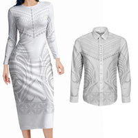 Niue White Sunday Couples Matching Long Sleeve Bodycon Dress and Long Sleeve Button Shirt Aho Tapu Fanau Hiapo Pattern LT14 White - Polynesian Pride