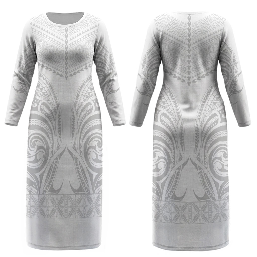 Niue White Sunday Couples Matching Long Sleeve Bodycon Dress and Long Sleeve Button Shirt Aho Tapu Fanau Hiapo Pattern LT14 - Polynesian Pride