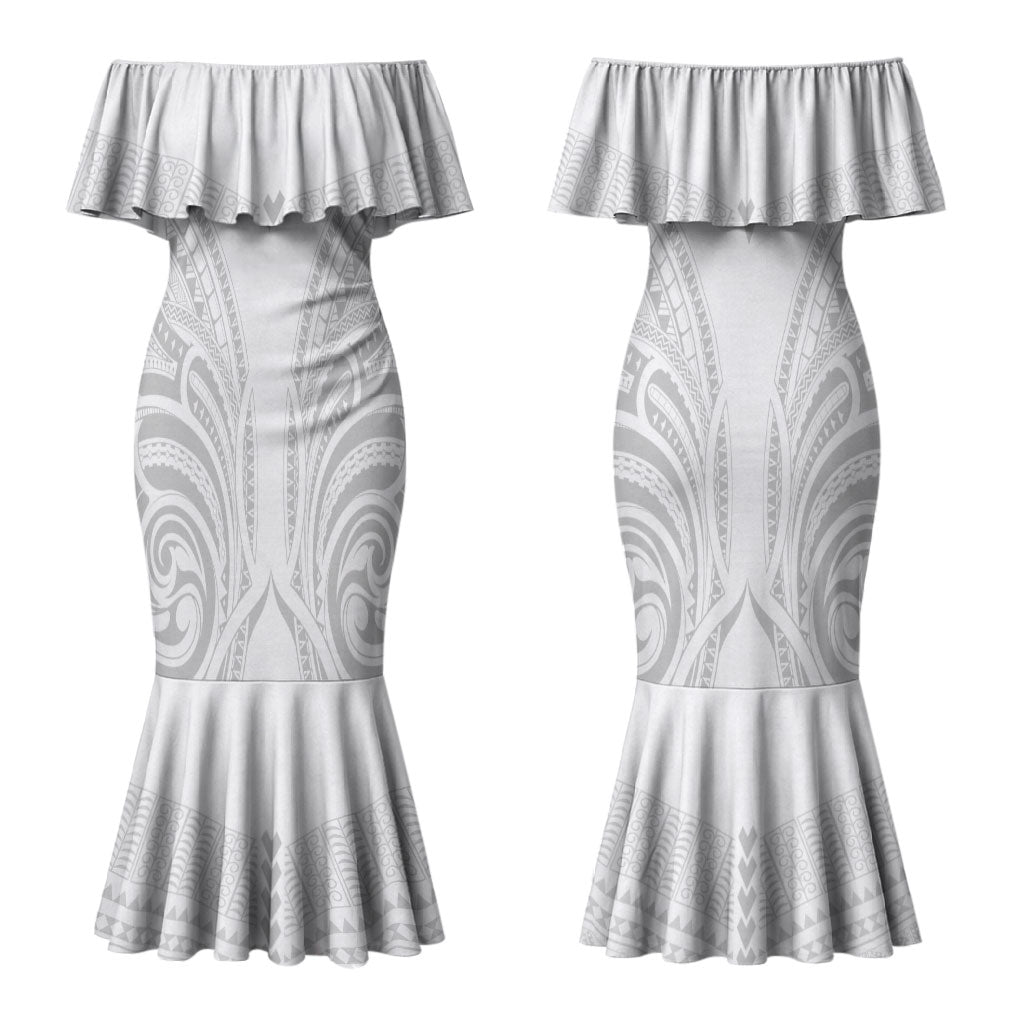Niue White Sunday Couples Matching Mermaid Dress and Long Sleeve Button Shirt Aho Tapu Fanau Hiapo Pattern LT14 - Polynesian Pride