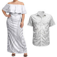 Niue White Sunday Couples Matching Off Shoulder Maxi Dress and Hawaiian Shirt Aho Tapu Fanau Hiapo Pattern LT14 White - Polynesian Pride