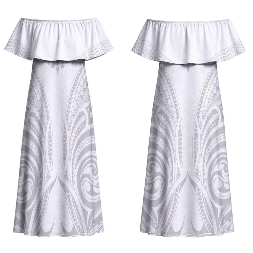 Niue White Sunday Couples Matching Off Shoulder Maxi Dress and Hawaiian Shirt Aho Tapu Fanau Hiapo Pattern LT14 - Polynesian Pride