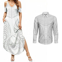 Niue White Sunday Couples Matching Summer Maxi Dress and Long Sleeve Button Shirt Aho Tapu Fanau Hiapo Pattern LT14 White - Polynesian Pride