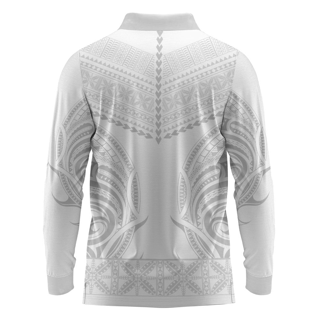 Niue White Sunday Long Sleeve Polo Shirt Aho Tapu Fanau Hiapo Pattern LT14 - Polynesian Pride