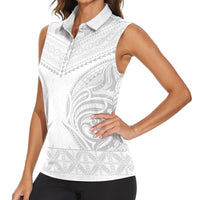 Niue White Sunday Women Sleeveless Polo Shirt Aho Tapu Fanau Hiapo Pattern LT14 - Polynesian Pride