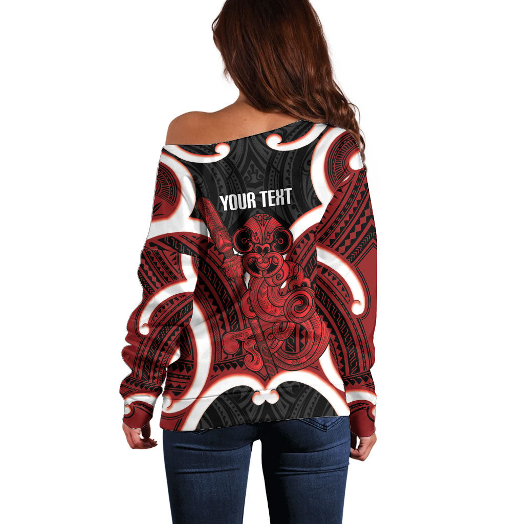 Whero Aotearoa Atua Tumatauenga Personalised Off Shoulder Sweater Maori God Of War Tiki With Taiaha LT14 - Polynesian Pride
