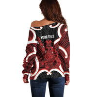 Whero Aotearoa Atua Tumatauenga Personalised Off Shoulder Sweater Maori God Of War Tiki With Taiaha LT14 - Polynesian Pride