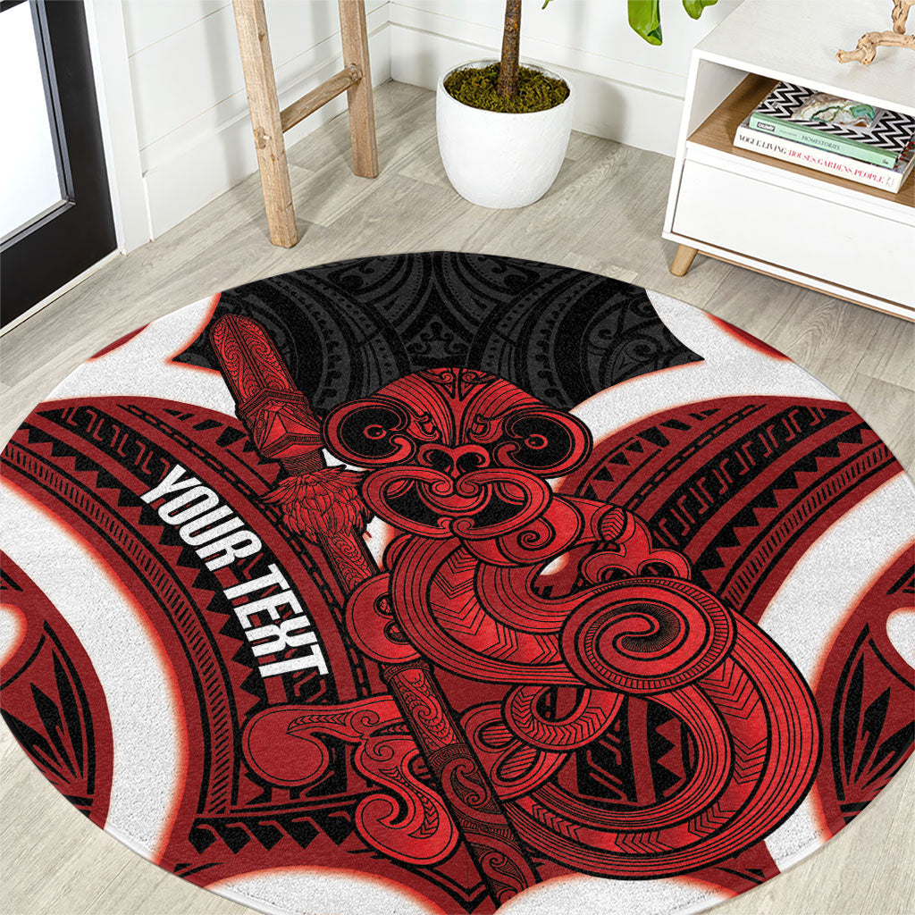 Whero Aotearoa Atua Tumatauenga Personalised Round Carpet Maori God Of War Tiki With Taiaha LT14 Red - Polynesian Pride