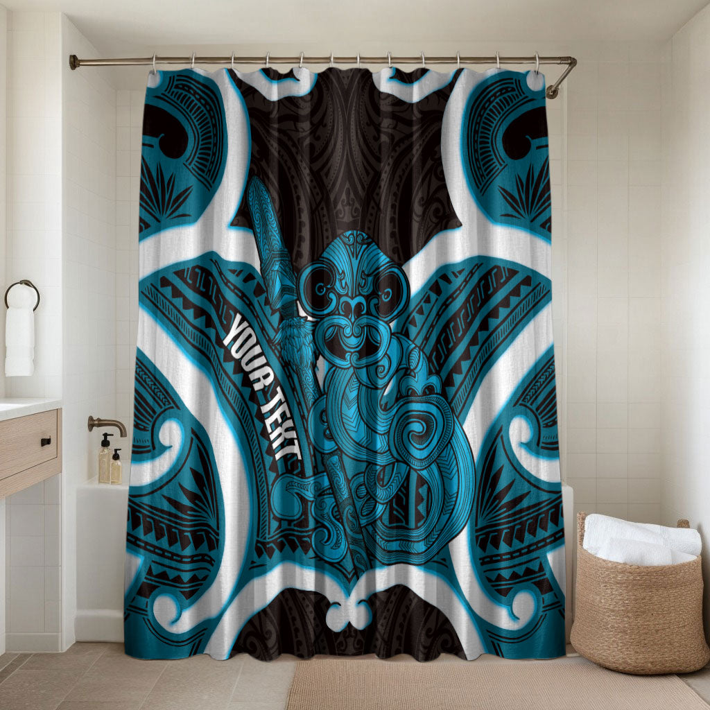 Kikorangi Aotearoa Atua Tumatauenga Personalised Bathroom Set Maori God Of War Tiki With Taiaha LT14 Shower Curtain Only Blue - Polynesian Pride
