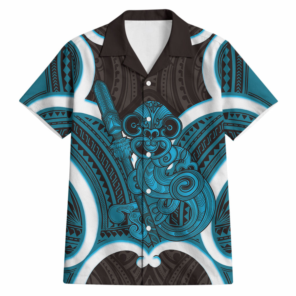 Kikorangi Aotearoa Atua Tumatauenga Personalised Hawaiian Shirt Maori God Of War Tiki With Taiaha LT14 Blue - Polynesian Pride