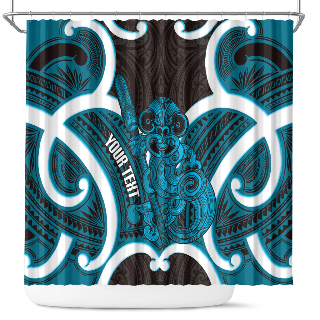Kikorangi Aotearoa Atua Tumatauenga Personalised Shower Curtain Maori God Of War Tiki With Taiaha LT14 Blue - Polynesian Pride