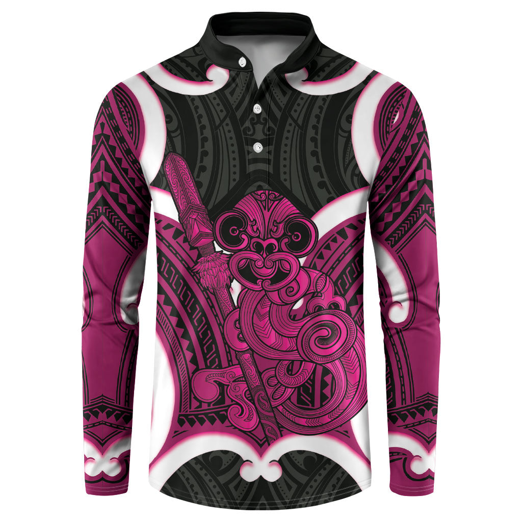 Mawhero Aotearoa Atua Tumatauenga Personalised Button Sweatshirt Maori God Of War Tiki With Taiaha LT14 Pink - Polynesian Pride