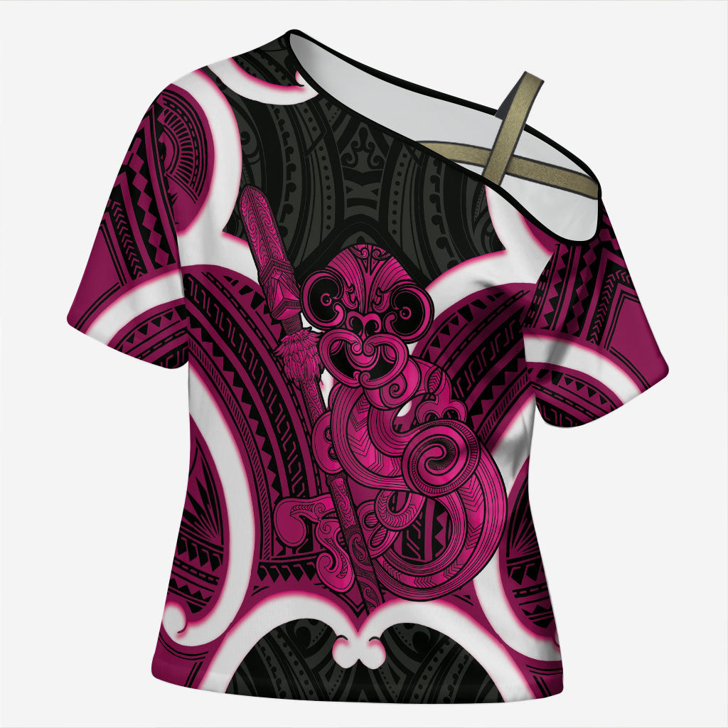 Mawhero Aotearoa Atua Tumatauenga Personalised Cross Shoulder Shirt Maori God Of War Tiki With Taiaha LT14 Female Pink - Polynesian Pride