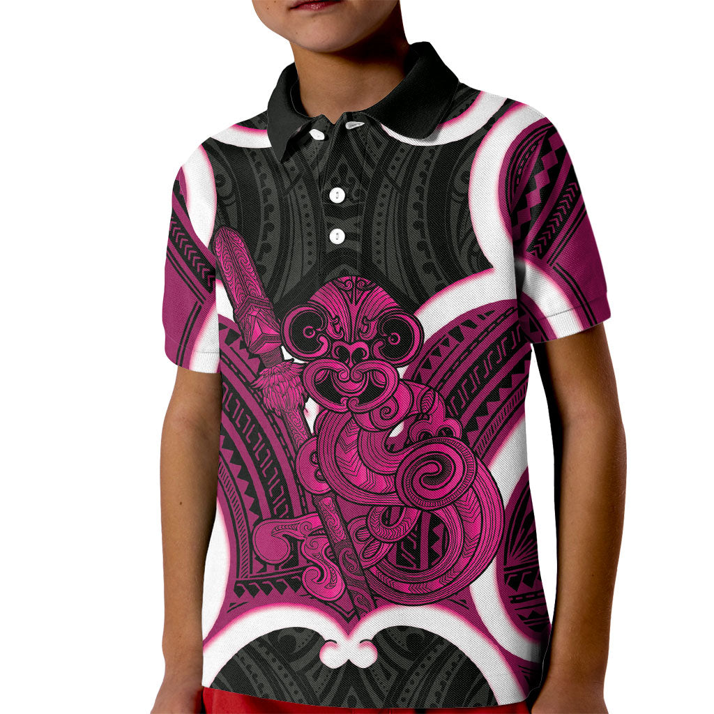 Mawhero Aotearoa Atua Tumatauenga Personalised Kid Polo Shirt Maori God Of War Tiki With Taiaha LT14 Kid Pink - Polynesian Pride