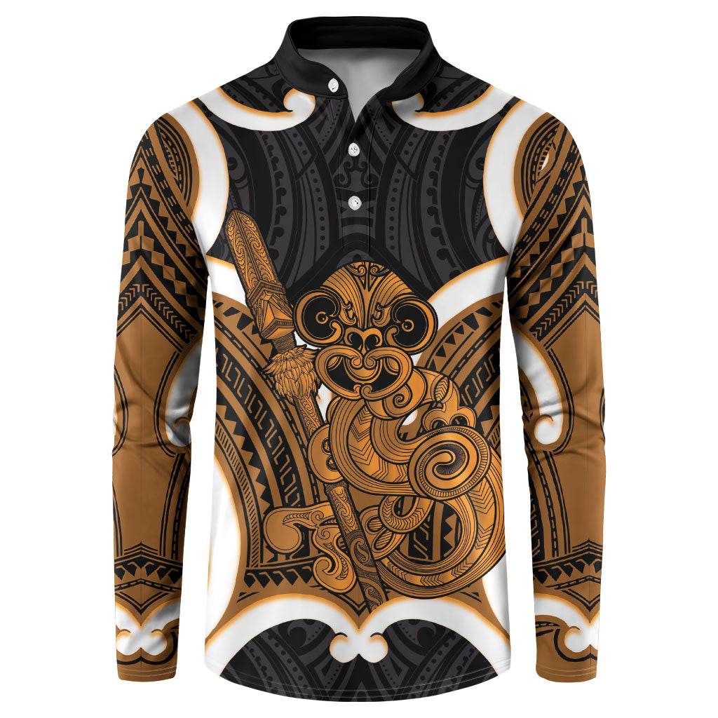 Karaka Aotearoa Atua Tumatauenga Personalised Button Sweatshirt Maori God Of War Tiki With Taiaha LT14 Orange - Polynesian Pride