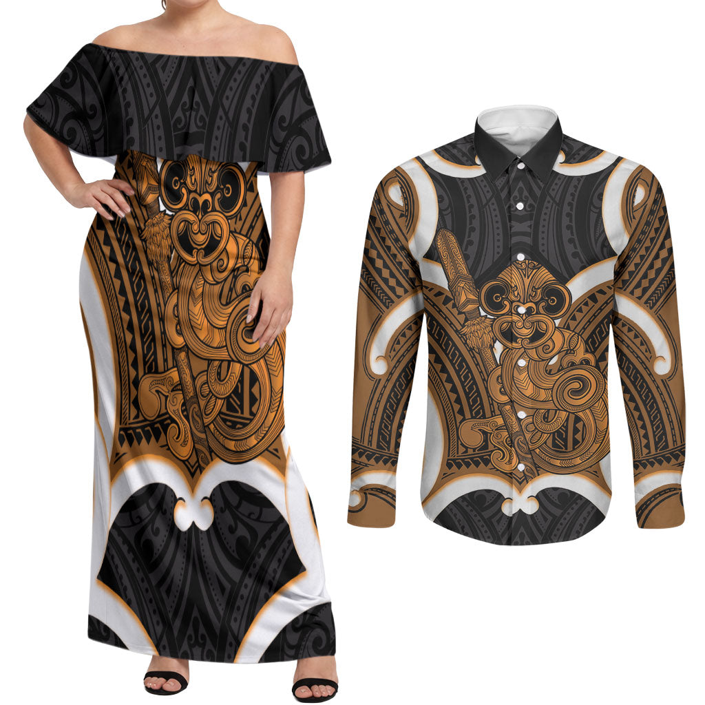 Karaka Aotearoa Atua Tumatauenga Personalised Couples Matching Off Shoulder Maxi Dress and Long Sleeve Button Shirt Maori God Of War Tiki With Taiaha LT14 Orange - Polynesian Pride