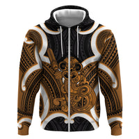 Karaka Aotearoa Atua Tumatauenga Personalised Hoodie Maori God Of War Tiki With Taiaha LT14 Zip Hoodie Orange - Polynesian Pride