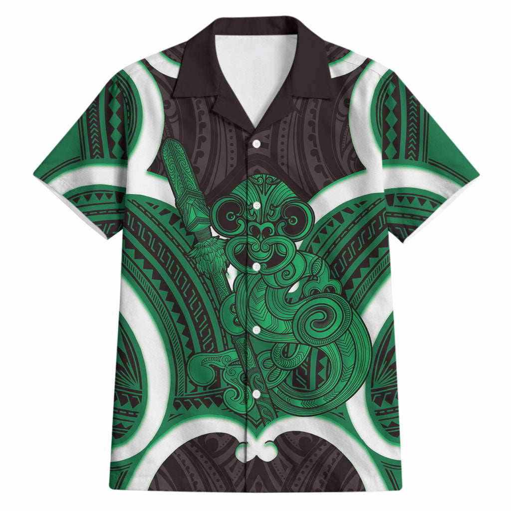 Kakariki Aotearoa Atua Tumatauenga Personalised Hawaiian Shirt Maori God Of War Tiki With Taiaha LT14 Green - Polynesian Pride