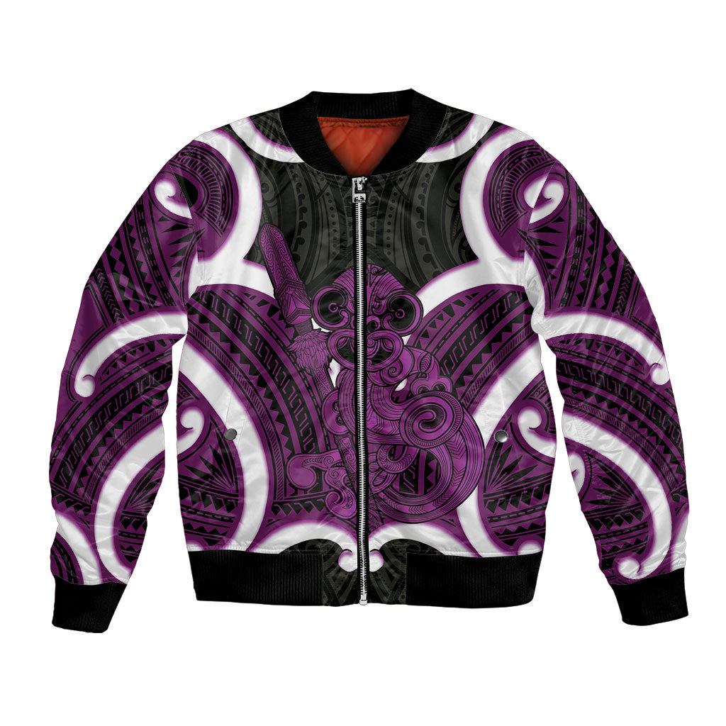 Waiporoporo Aotearoa Atua Tumatauenga Personalised Bomber Jacket Maori God Of War Tiki With Taiaha LT14 Unisex Purple - Polynesian Pride