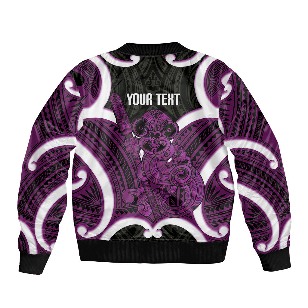 Waiporoporo Aotearoa Atua Tumatauenga Personalised Sleeve Zip Bomber Jacket Maori God Of War Tiki With Taiaha LT14 - Polynesian Pride