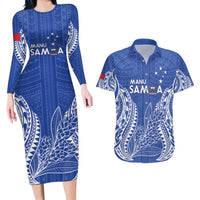Custom Manu Samoa Rugby 2024 Couples Matching Long Sleeve Bodycon Dress and Hawaiian Shirt Go Champions Samoan Tattoo LT14 Blue - Polynesian Pride