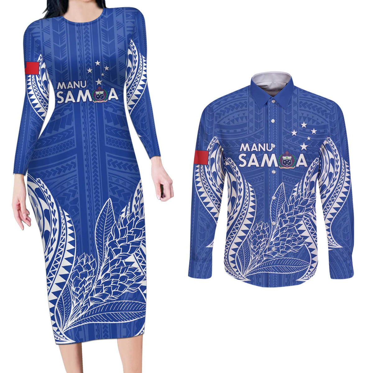 Custom Manu Samoa Rugby 2024 Couples Matching Long Sleeve Bodycon Dress and Long Sleeve Button Shirt Go Champions Samoan Tattoo LT14 Blue - Polynesian Pride