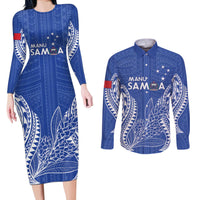 Custom Manu Samoa Rugby 2024 Couples Matching Long Sleeve Bodycon Dress and Long Sleeve Button Shirt Go Champions Samoan Tattoo LT14 Blue - Polynesian Pride
