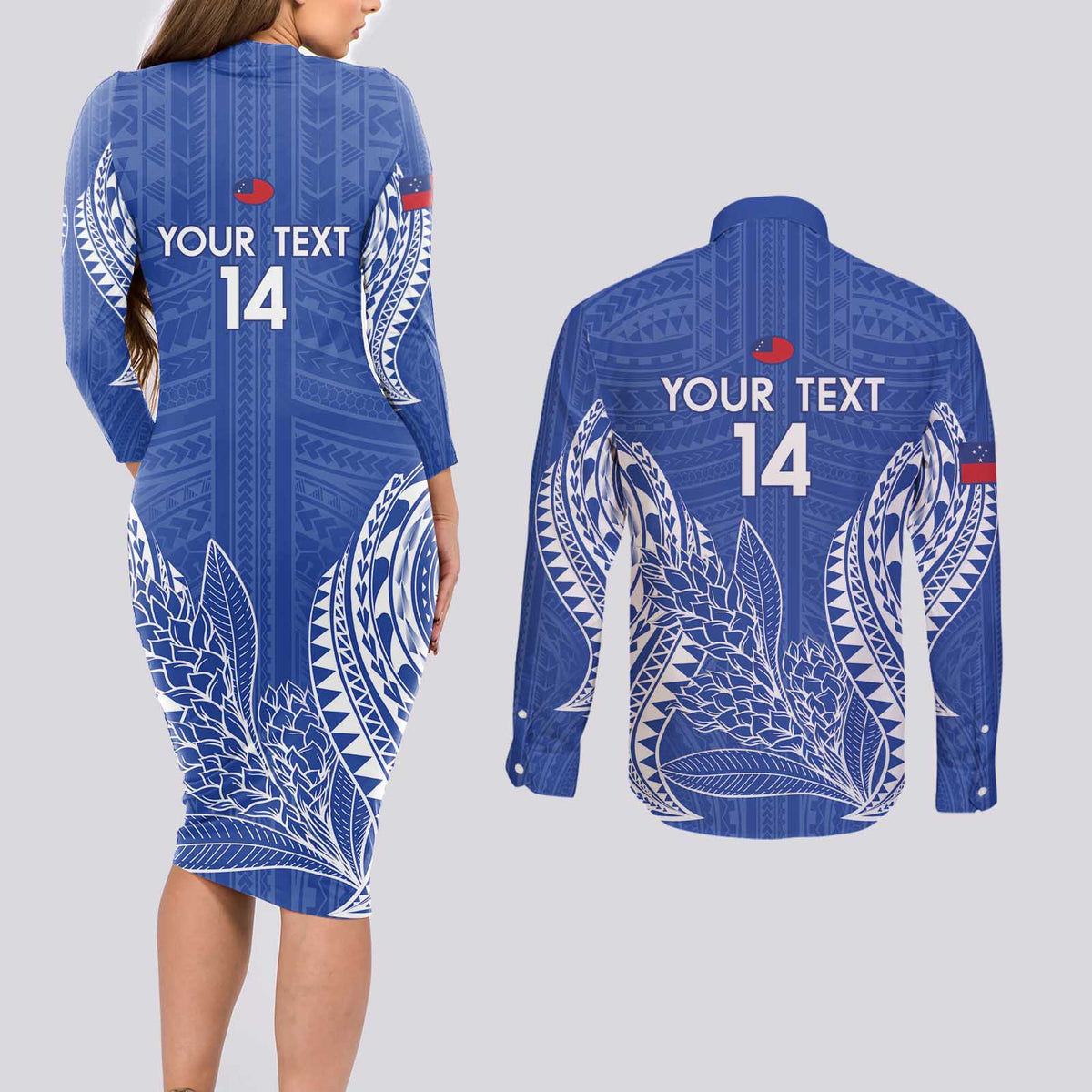 Custom Manu Samoa Rugby 2024 Couples Matching Long Sleeve Bodycon Dress and Long Sleeve Button Shirt Go Champions Samoan Tattoo LT14 - Polynesian Pride