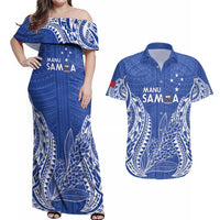 Custom Manu Samoa Rugby 2024 Couples Matching Off Shoulder Maxi Dress and Hawaiian Shirt Go Champions Samoan Tattoo LT14 Blue - Polynesian Pride